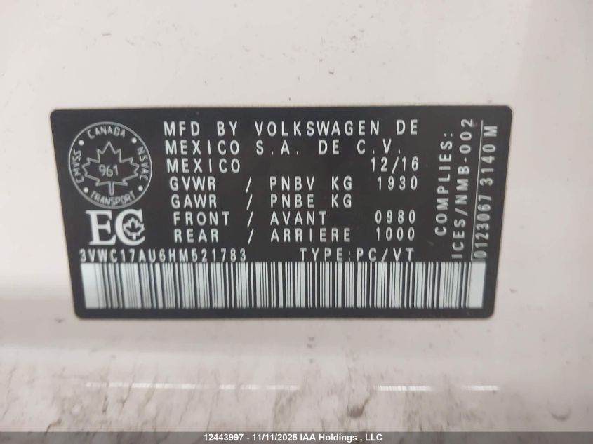 2017 Volkswagen Golf Sportwagen 1.8 Tsi Comfortline/1.8 Tsi Trendline VIN: 3VWC17AU6HM521783 Lot: 12443997