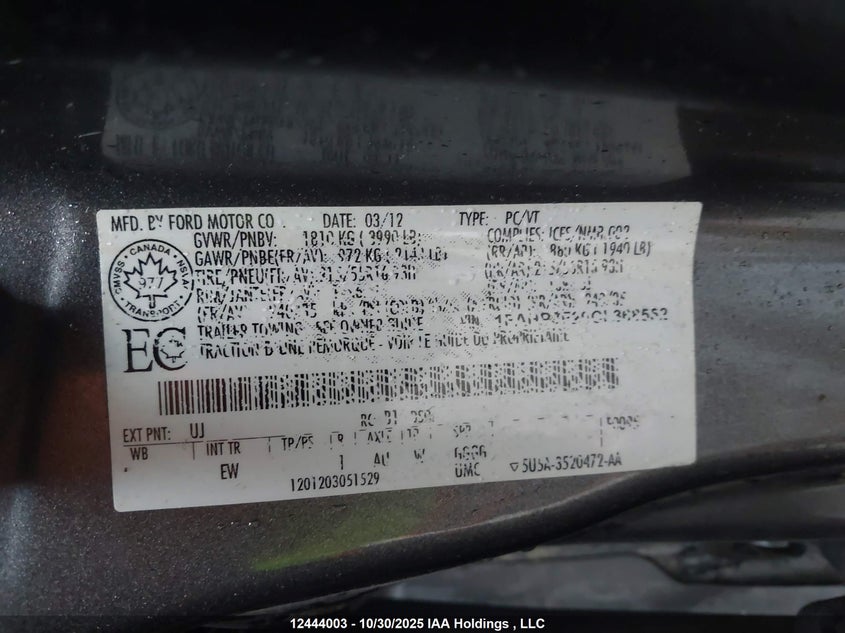 1FAHP3F20CL368552 2012 FORD FOCUS photo no. 9