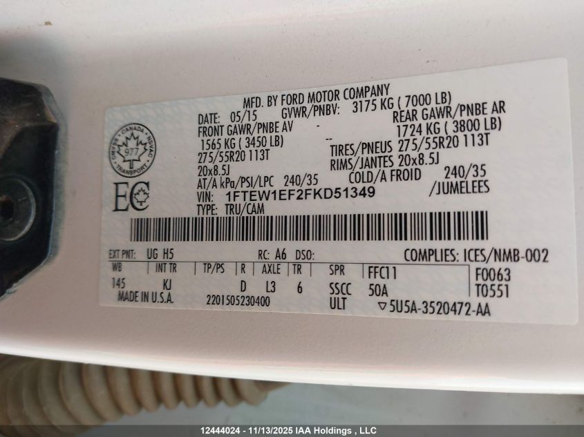 2015 Ford F-150 King Ranch VIN: 1FTEW1EF2FKD51349 Lot: 12444024