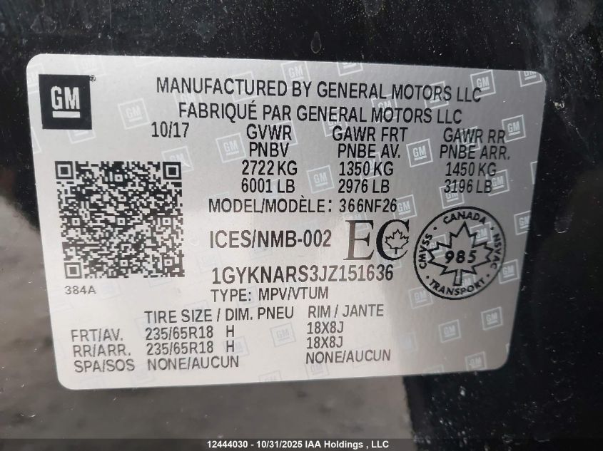2018 Cadillac Xt5 VIN: 1GYKNARS3JZ151636 Lot: 12444030