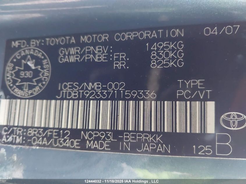 2007 Toyota Yaris VIN: JTDBT923371159336 Lot: 12444032