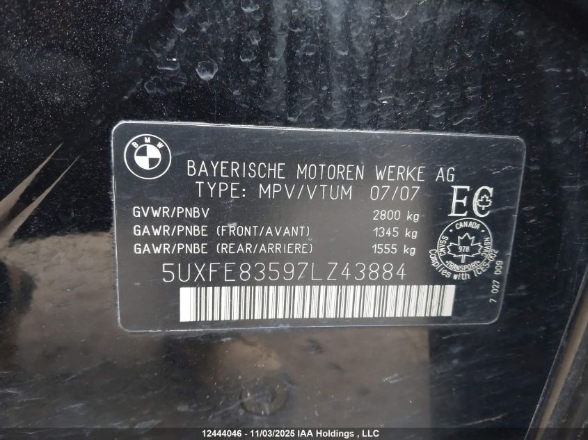 2007 BMW X5 4.8I VIN: 5UXFE83597LZ43884 Lot: 12444046