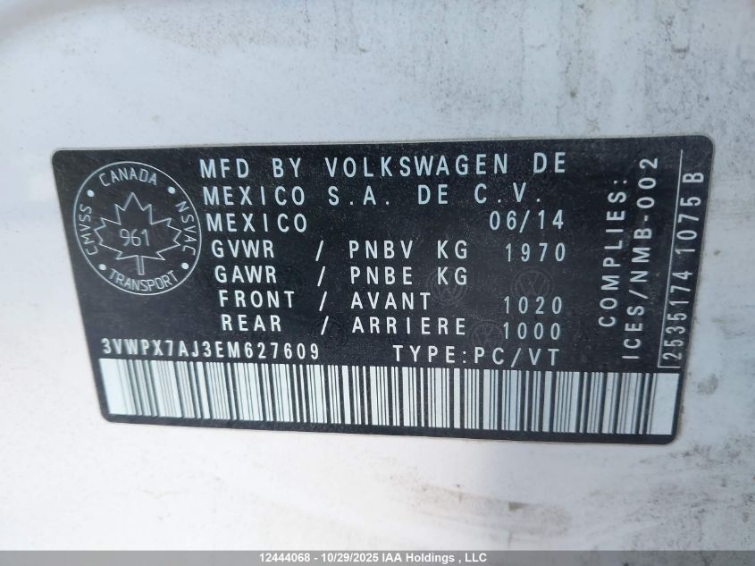 2014 Volkswagen Golf VIN: 3VWPX7AJ3EM627609 Lot: 12444068