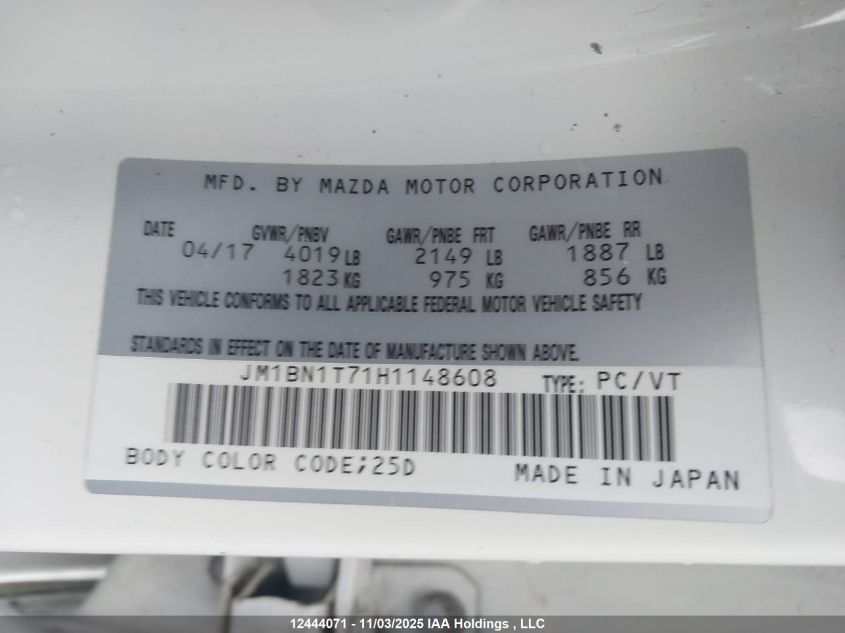 2017 Mazda Mazda3 VIN: JM1BN1T71H1148608 Lot: 12444071