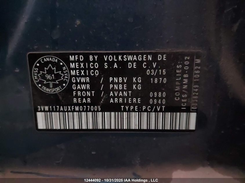 2015 Volkswagen Golf 1.8 Tsi Comfortline/1.8 Tsi Highline/1.8 Tsi Trendline VIN: 3VW117AUXFM077005 Lot: 12444092