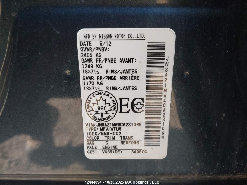 2012 Nissan Murano Sl VIN: JN8AZ1MW4CW231066 Lot: 12444094