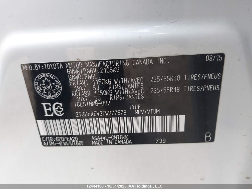 2015 Toyota Rav4 Limited VIN: 2T3DFREV3FW377578 Lot: 12444108