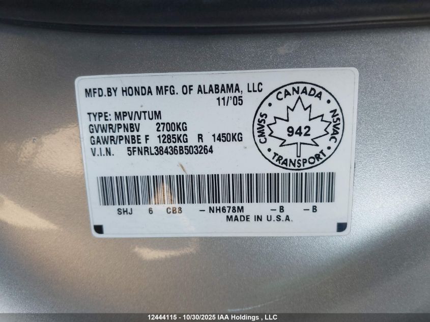 2006 Honda Odyssey Ex VIN: 5FNRL38436B503264 Lot: 12444115