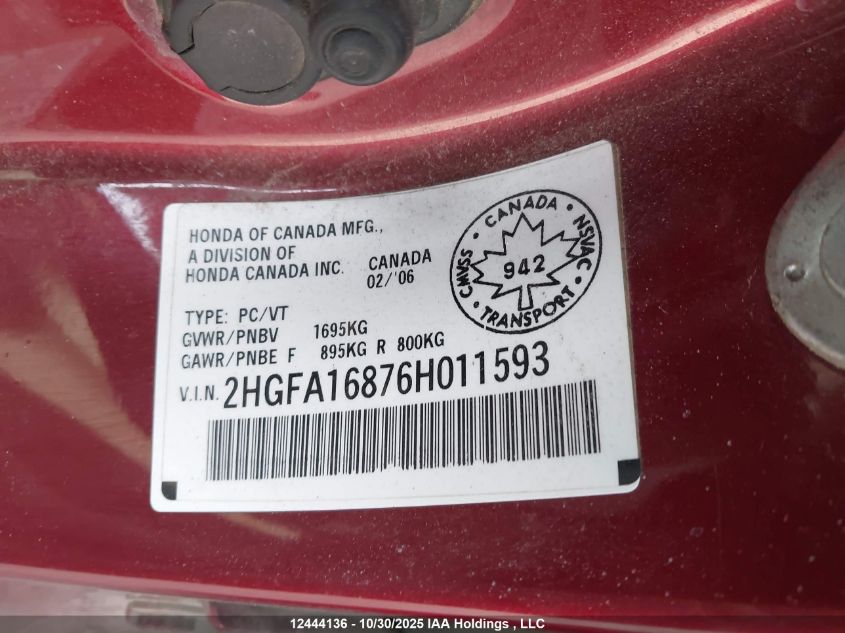 2006 Honda Civic Ex VIN: 2HGFA16876H011593 Lot: 12444136