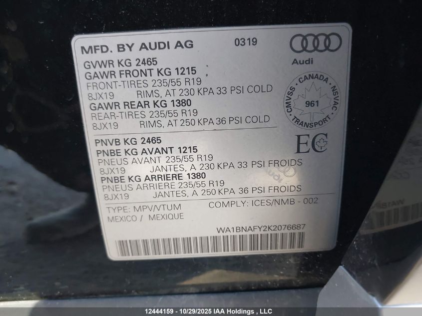 2019 Audi Q5 Premium Plus VIN: WA1BNAFY2K2076687 Lot: 12444159