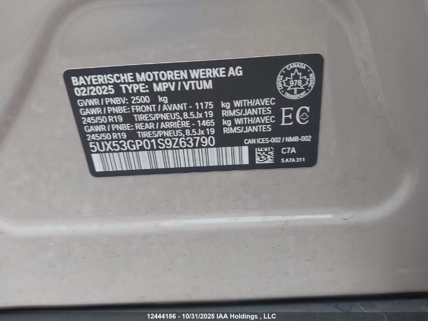 2025 BMW X3 30 xDrive VIN: 5UX53GP01S9Z63790 Lot: 12444186