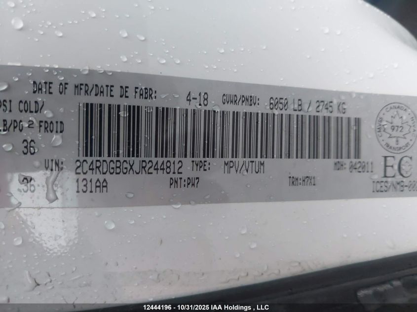 2018 Dodge Grand Caravan Cvp/Sxt VIN: 2C4RDGBGXJR244812 Lot: 12444196