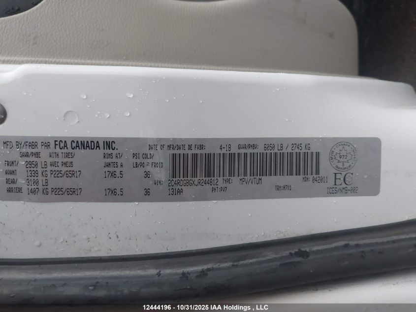 2018 Dodge Grand Caravan Cvp/Sxt VIN: 2C4RDGBGXJR244812 Lot: 12444196