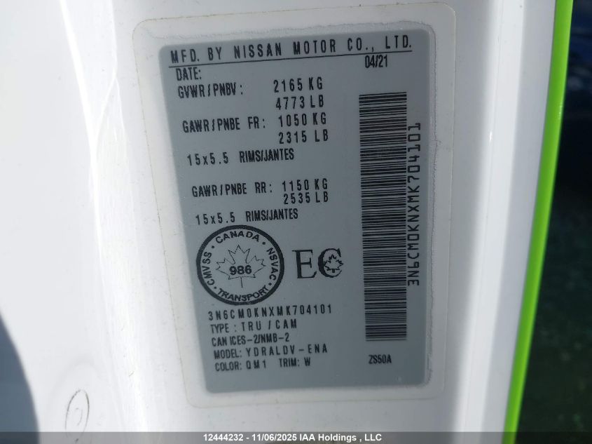 2021 Nissan Nv200 VIN: 3N6CM0KNXMK704101 Lot: 12444232