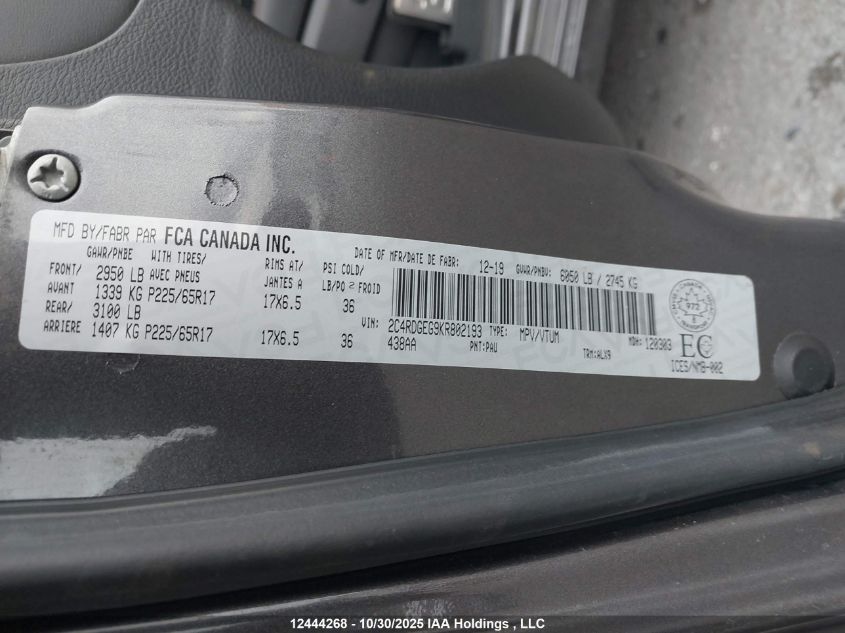 2019 Dodge Grand Caravan Gt VIN: 2C4RDGEG9KR802193 Lot: 12444268