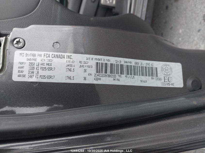 2019 Dodge Grand Caravan Gt VIN: 2C4RDGEG9KR802193 Lot: 12444268