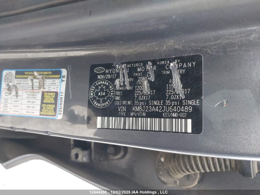 2018 Hyundai Tucson Base 2.0L VIN: KM8J23A42JU640489 Lot: 12444290