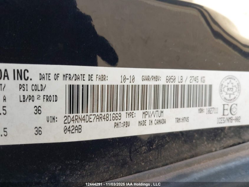 2010 Dodge Grand Caravan Se VIN: 2D4RN4DE7AR481669 Lot: 12444291