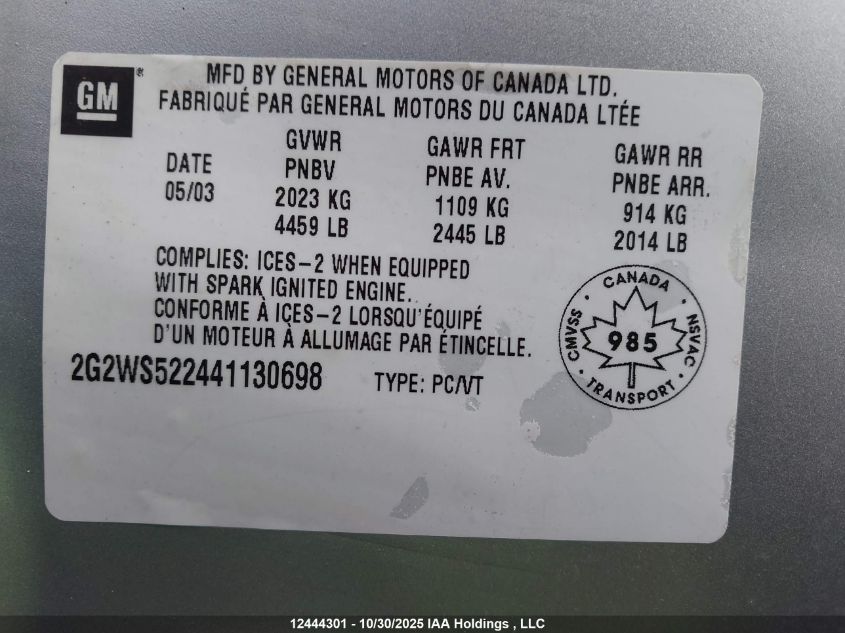 2004 Pontiac Grand Prix Gt2 VIN: 2G2WS522441130698 Lot: 12444301