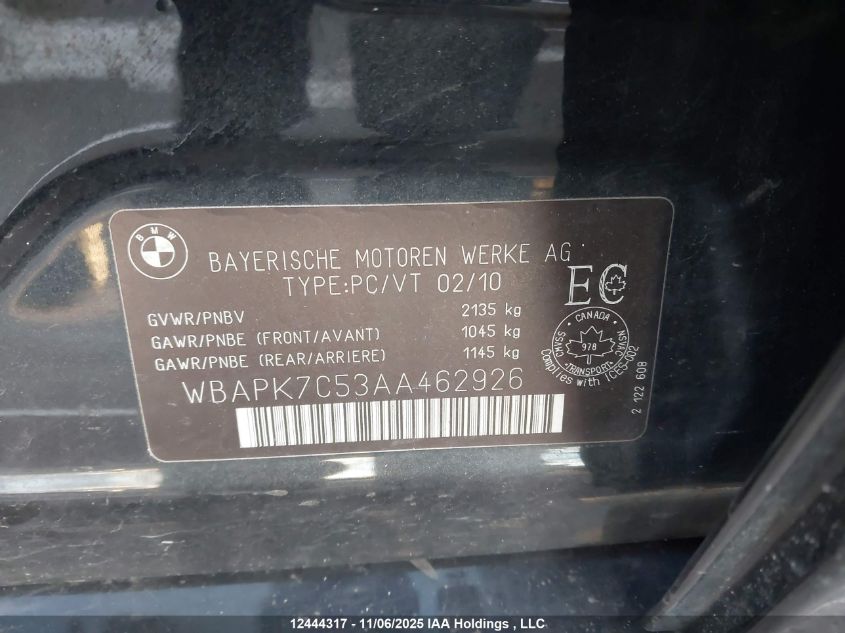 2010 BMW 328I xDrive VIN: WBAPK7C53AA462926 Lot: 12444317