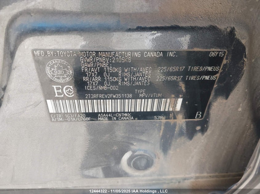 2T3RFREV2FW351138 2015 TOYOTA RAV 4 photo no. 9