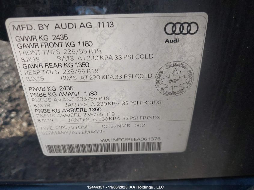 2014 Audi Q5 Progressiv VIN: WA1MFCFP5EA061376 Lot: 12444357