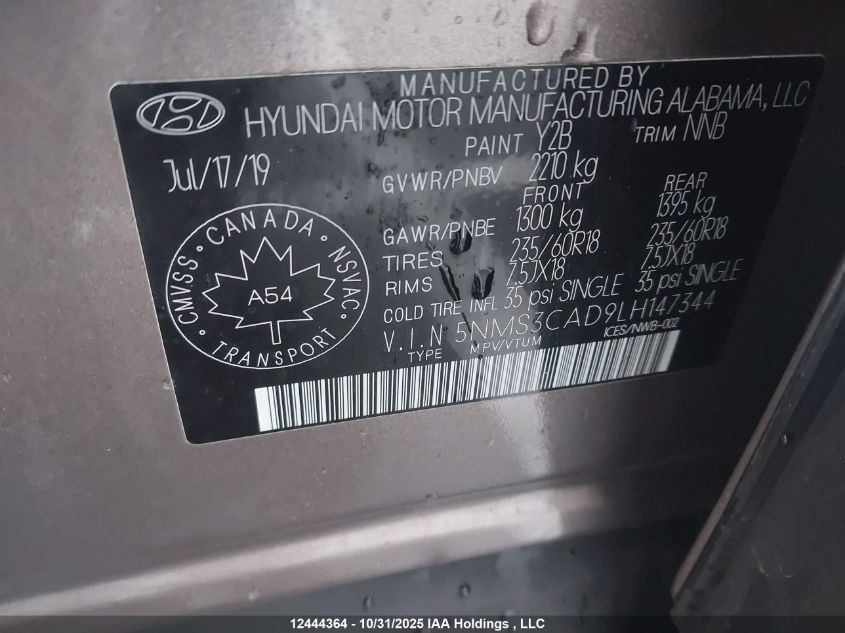 2020 Hyundai Santa Fe Sel/Sel Plus VIN: 5NMS3CAD9LH147344 Lot: 12444364