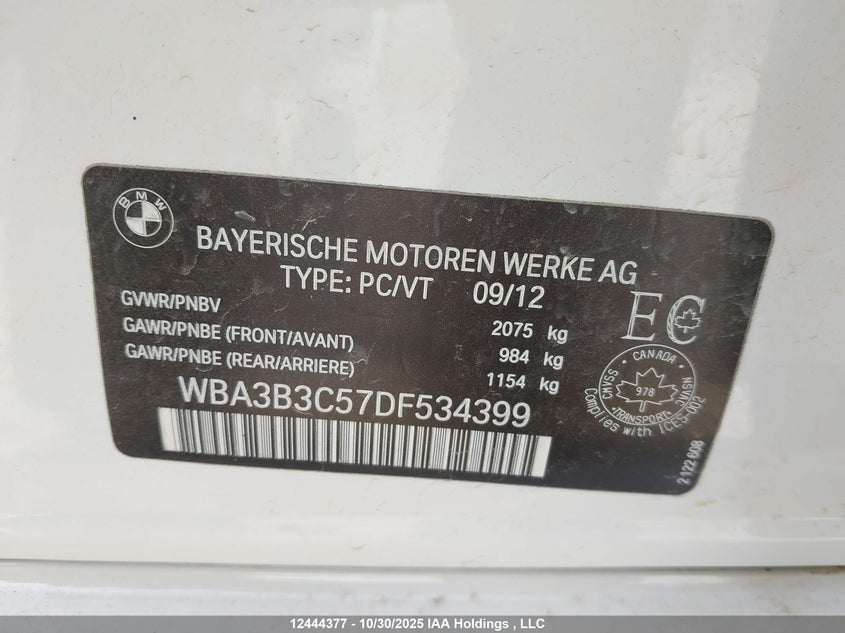 2013 BMW 328 Xi VIN: WBA3B3C57DF534399 Lot: 12444377