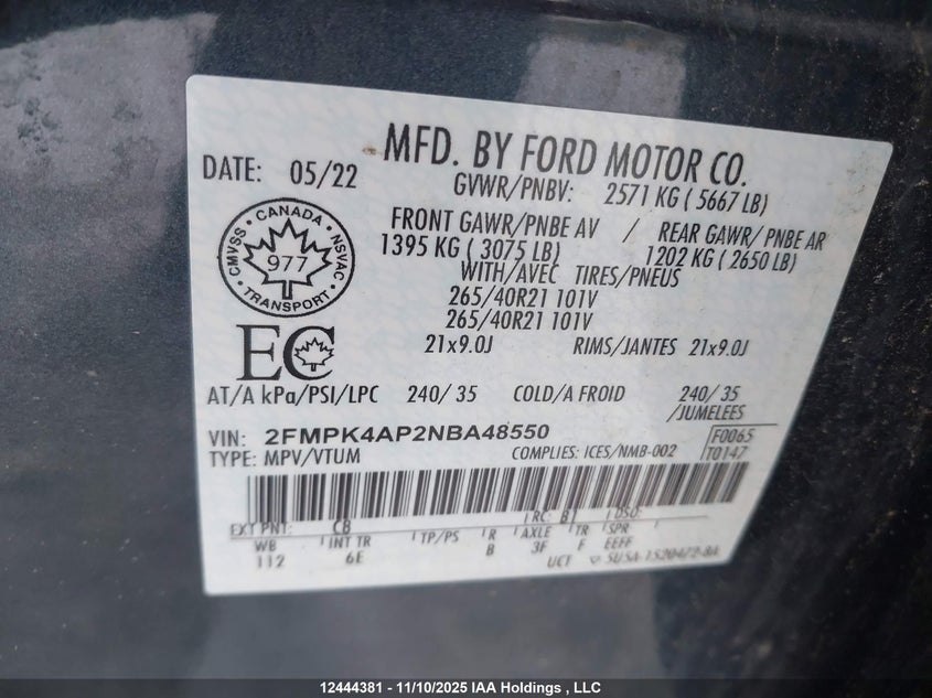 2022 Ford Edge St VIN: 2FMPK4AP2NBA48550 Lot: 12444381