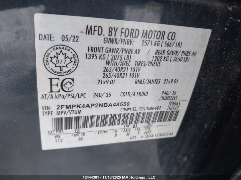 2022 Ford Edge St VIN: 2FMPK4AP2NBA48550 Lot: 12444381