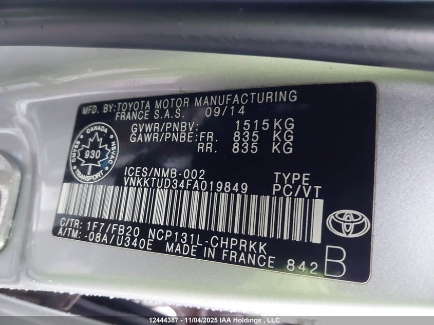 VNKKTUD34FA019849 2015 TOYOTA YARIS photo no. 9