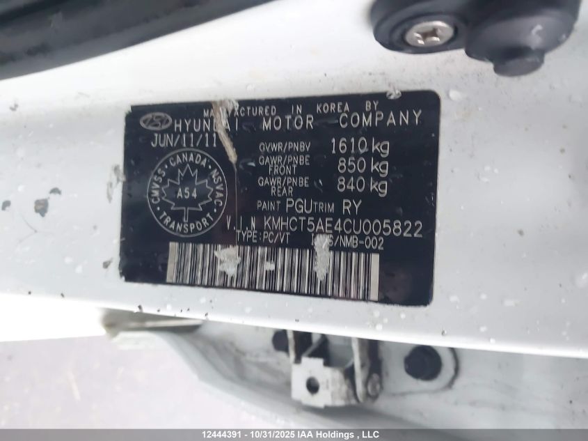 2012 Hyundai Accent VIN: KMHCT5AE4CU005822 Lot: 12444391