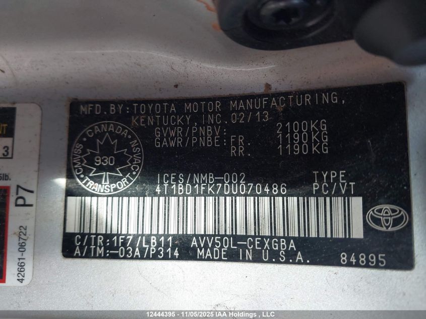 2013 Toyota Camry Hybrid/Le/Xle VIN: 4T1BD1FK7DU070486 Lot: 12444395