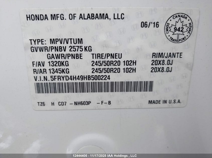 2017 Acura Mdx VIN: 5FRYD4H49HB500224 Lot: 12444405