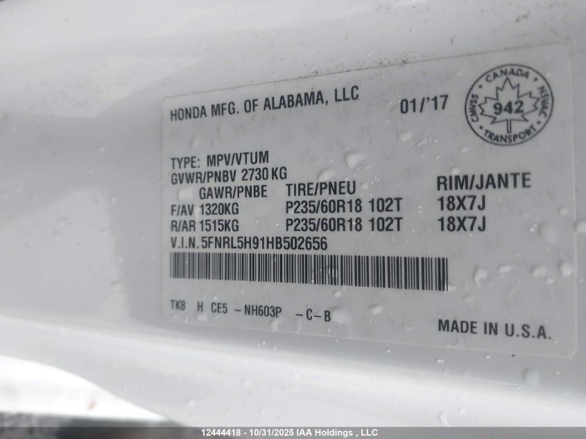 2017 Honda Odyssey VIN: 5FNRL5H91HB502656 Lot: 12444418