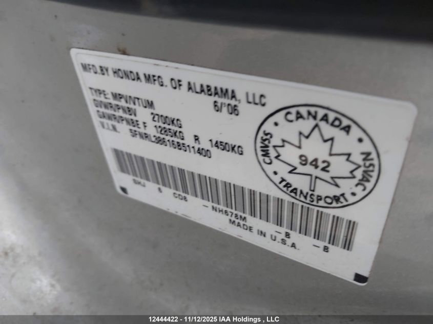 2006 Honda Odyssey Exl VIN: 5FNRL38616B511400 Lot: 12444422