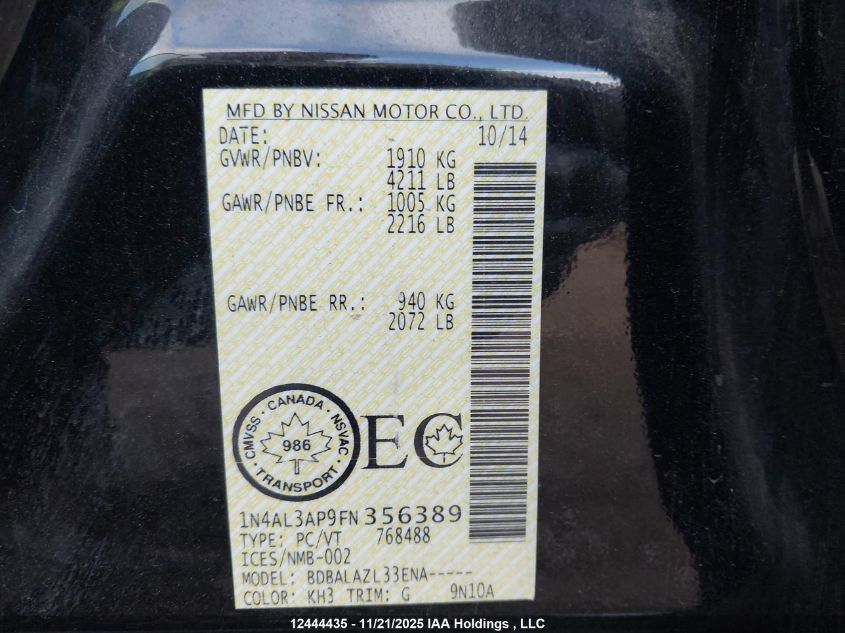 2015 Nissan Altima VIN: 1N4AL3AP9FN356389 Lot: 12444435