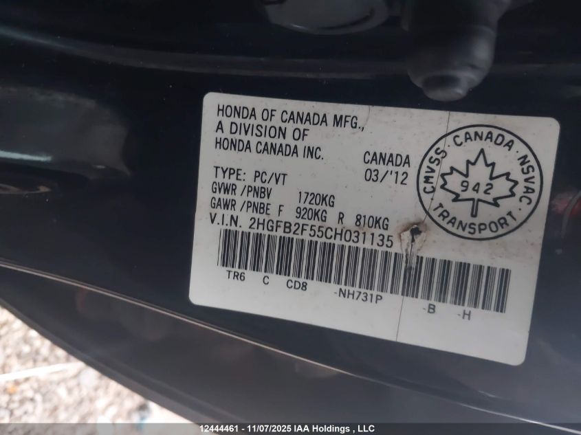 2012 Honda Civic Ex 4Dr VIN: 2HGFB2F55CH031135 Lot: 12444461