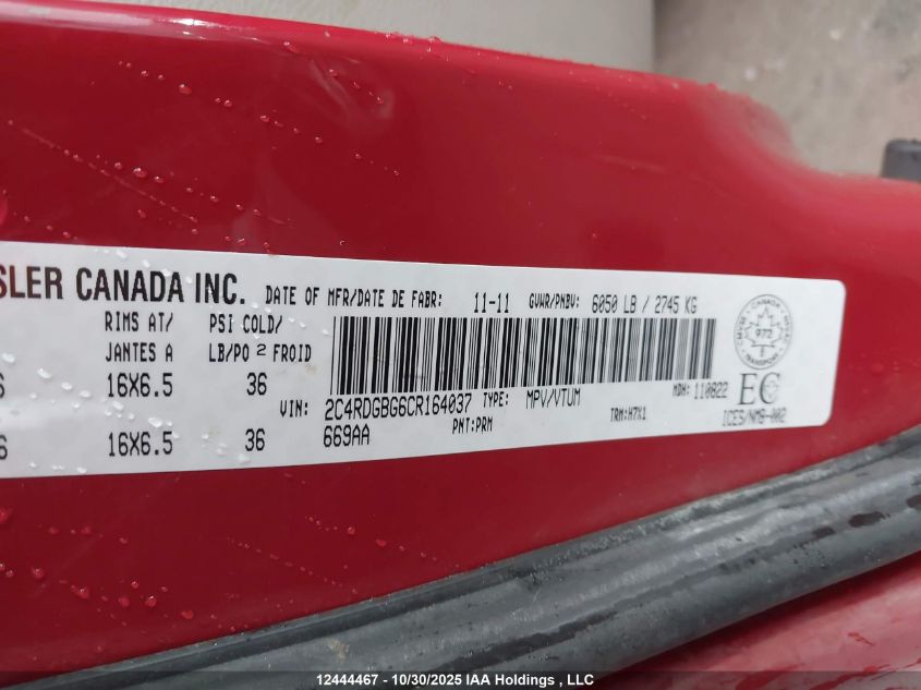 2012 Dodge Grand Caravan Se VIN: 2C4RDGBG6CR164037 Lot: 12444467