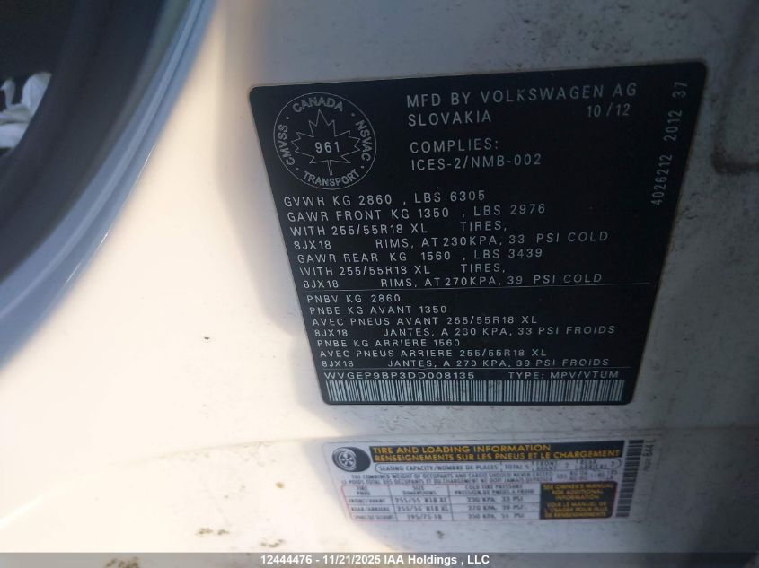 2013 Volkswagen Touareg VIN: WVGEP9BP3DD008135 Lot: 12444476