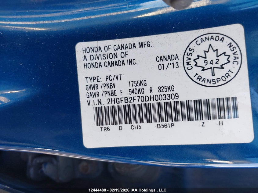 2013 Honda Civic VIN: 2HGFB2F70DH003309 Lot: 12444488