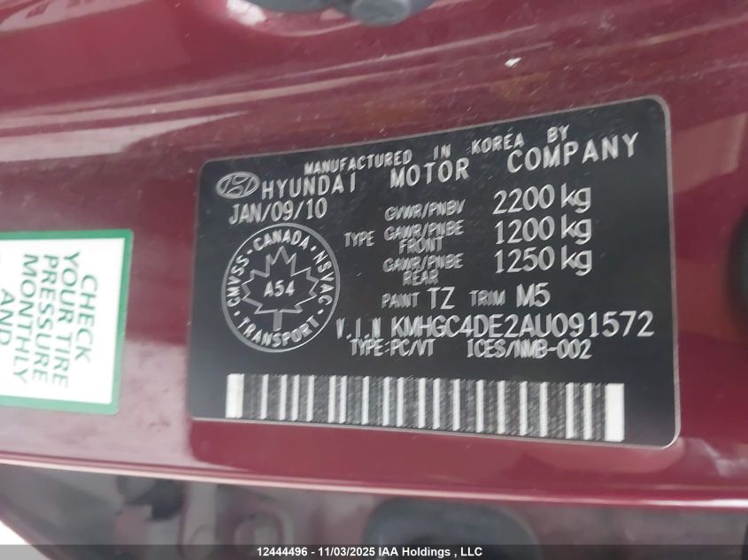 2010 Hyundai Genesis 3.8L VIN: KMHGC4DE2AU091572 Lot: 12444496