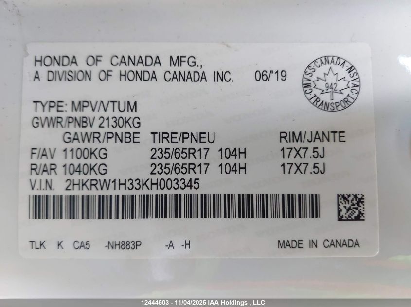 2019 Honda Cr-V VIN: 2HKRW1H33KH003345 Lot: 12444503