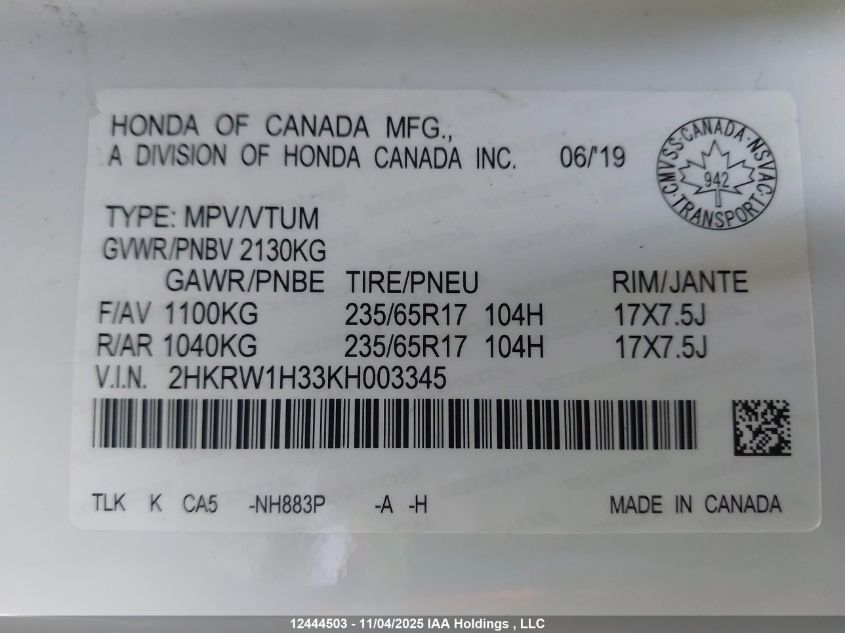 2019 Honda Cr-V VIN: 2HKRW1H33KH003345 Lot: 12444503