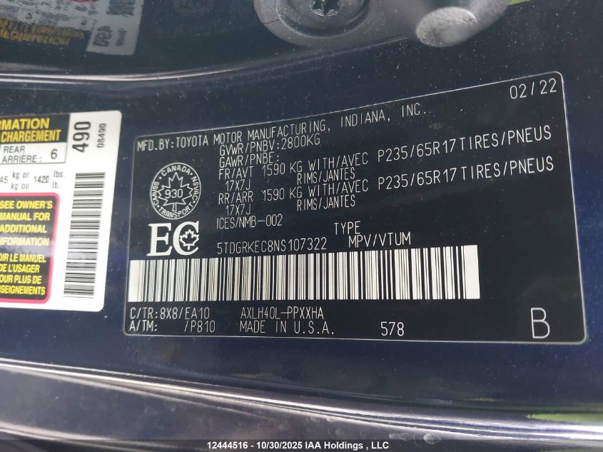 2022 Toyota Sienna Le/Xle/Xse/Limited/Platinum VIN: 5TDGRKEC8NS107322 Lot: 12444516