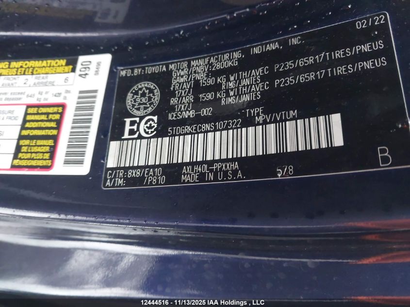 2022 Toyota Sienna Le/Xle/Xse/Limited/Platinum VIN: 5TDGRKEC8NS107322 Lot: 12444516