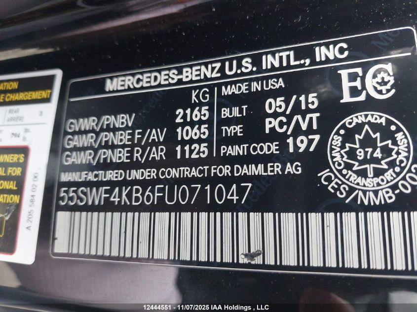 2015 Mercedes-Benz C 300 4Matic VIN: 55SWF4KB6FU071047 Lot: 12444551