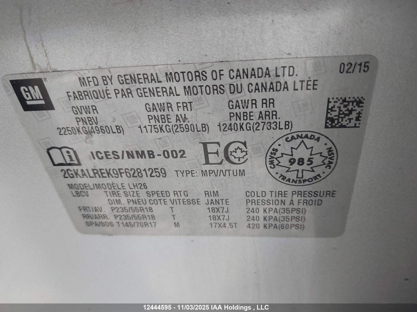 2015 GMC Terrain Sle-2 VIN: 2GKALREK9F6281259 Lot: 12444595