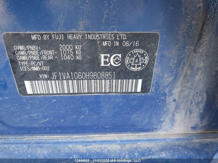 2017 Subaru Wrx Limited VIN: JF1VA1G60H9808851 Lot: 12444608