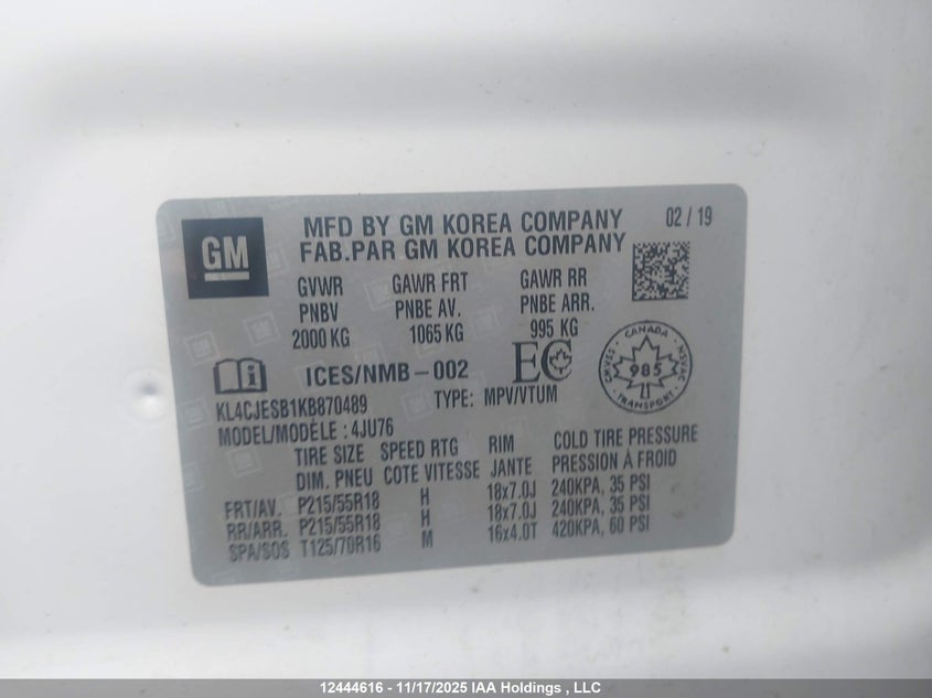 2019 Buick Encore Preferred VIN: KL4CJESB1KB870489 Lot: 12444616